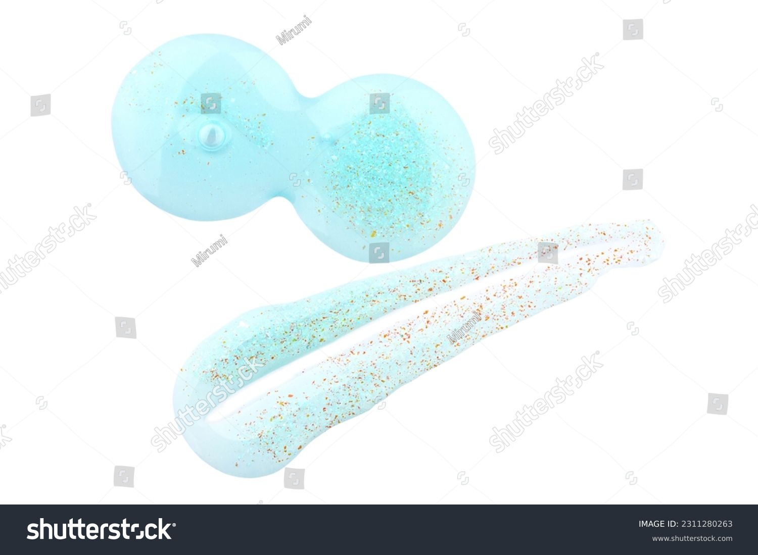 Blue face mask texture with glitter isolated on white background. 3d texture of cream, shower gel texture. #2311280263