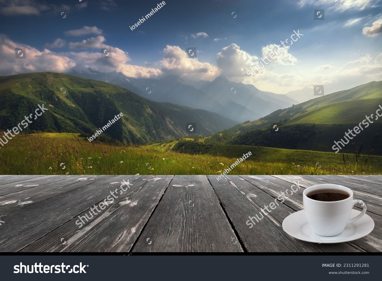 Coffee cup on wood table and view of beautiful nature background. #2311291281