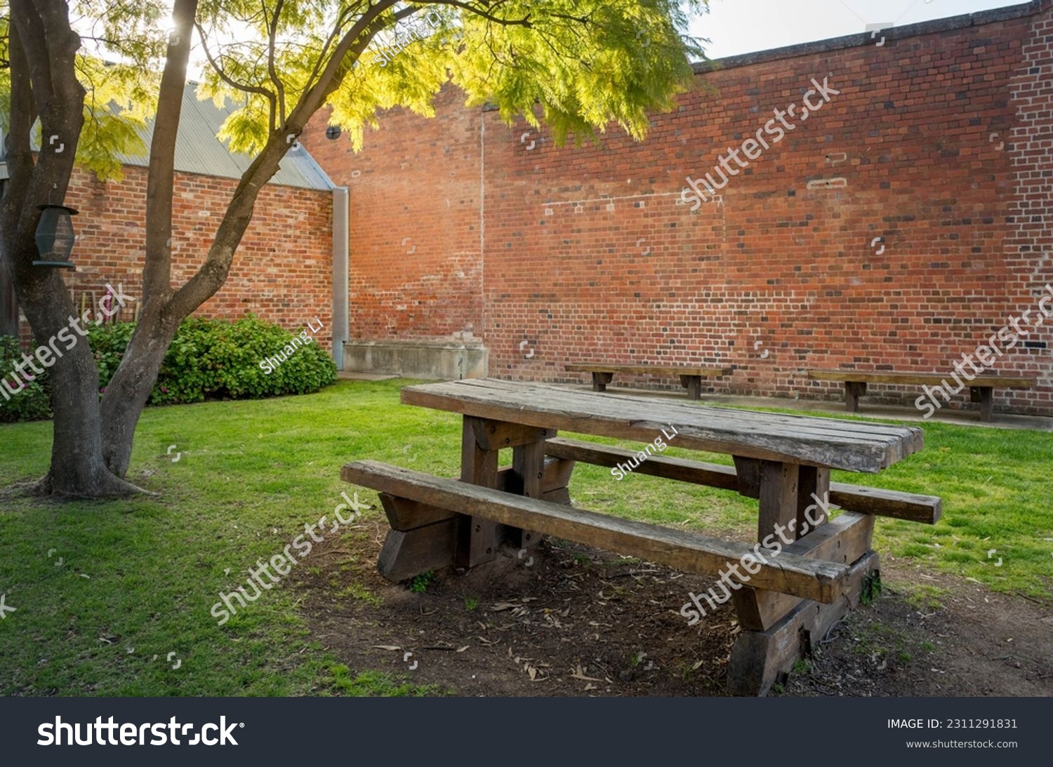 An old and weathered wooden picnic bench and table under a tree in a courtyard with classic red brick walls in warm natural sunlight. #2311291831