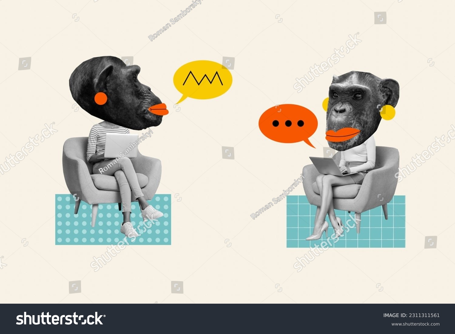 Collage pinup sketch of funny funky chimp heads ladies communicating modern devices isolated beige color background #2311311561