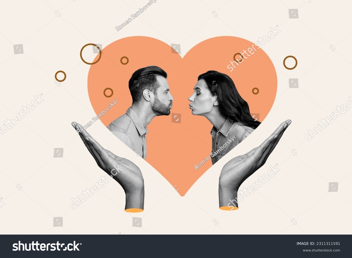 Creative abstract template graphics collage image of arms tacking care first kissing couple isolated beige color background #2311311591