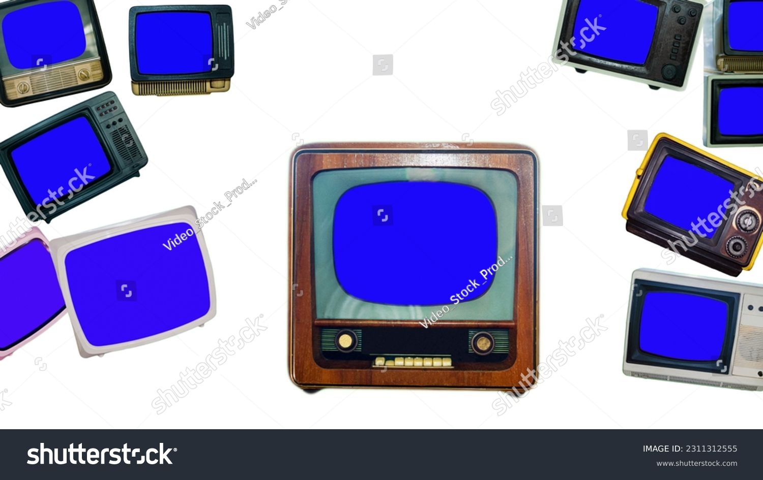Retro tv with blue screen copy space. The TV set is isolated on a white background. Chroma key TV screen for sequence. #2311312555
