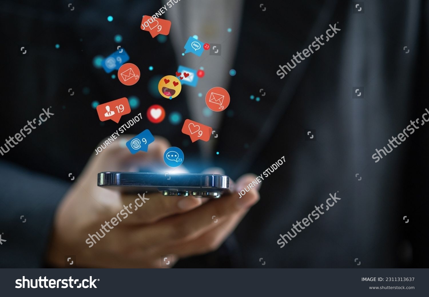 Concept of social media communication and digital online, people use smartphone playing with icon online social media, online marketing, technology, chat, post, like, follow at phone screen #2311313637