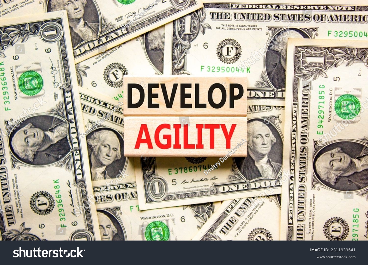 Develop agility symbol. Concept words Develop agility on wooden blocks on a beautiful background from dollar bills. Business, support and develop agility concept. Copy space. #2311939641