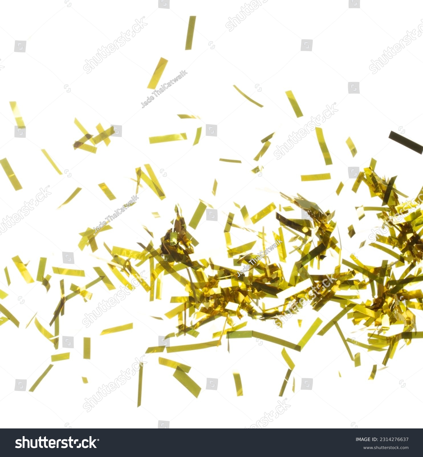 Golden Confetti Foil fall splashing in air. Gold Confetti Foil explosion flying, abstract cloud fly. Many Party glitter scatter in many group. White background isolated high speed shutter freeze #2314276637