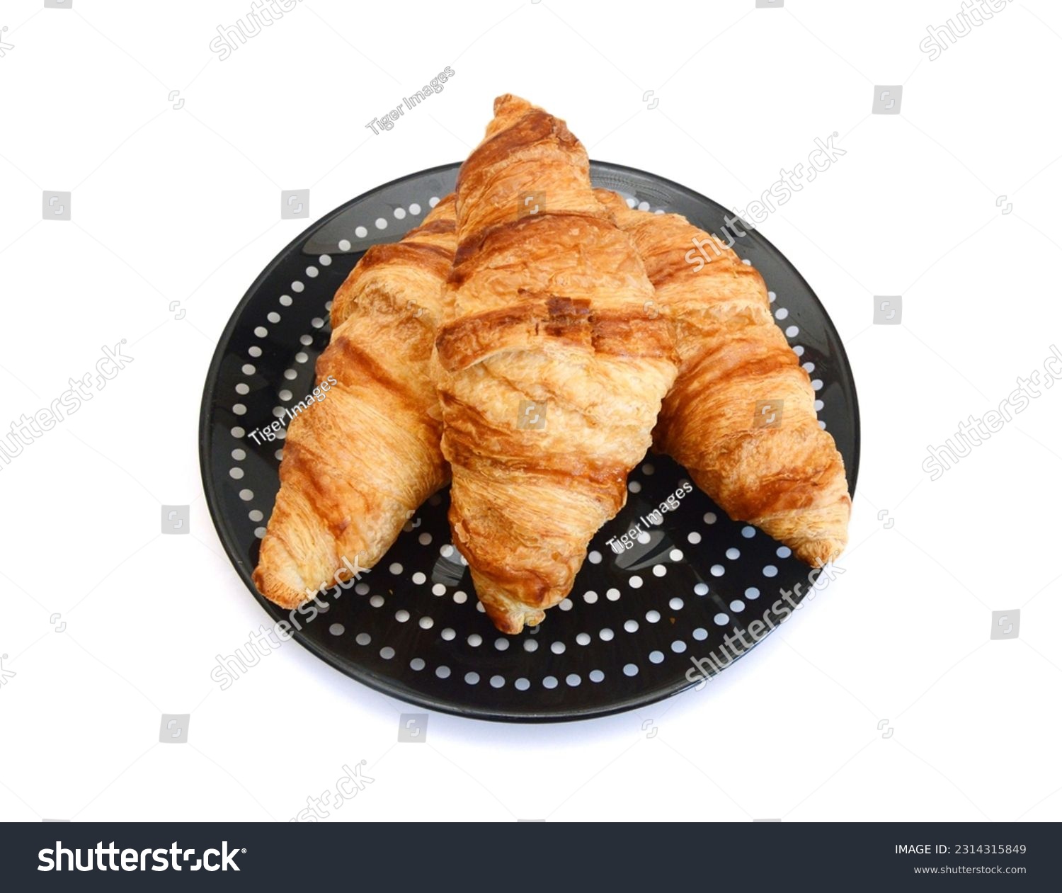 Fresh and tasty croissant in plate on white background  #2314315849