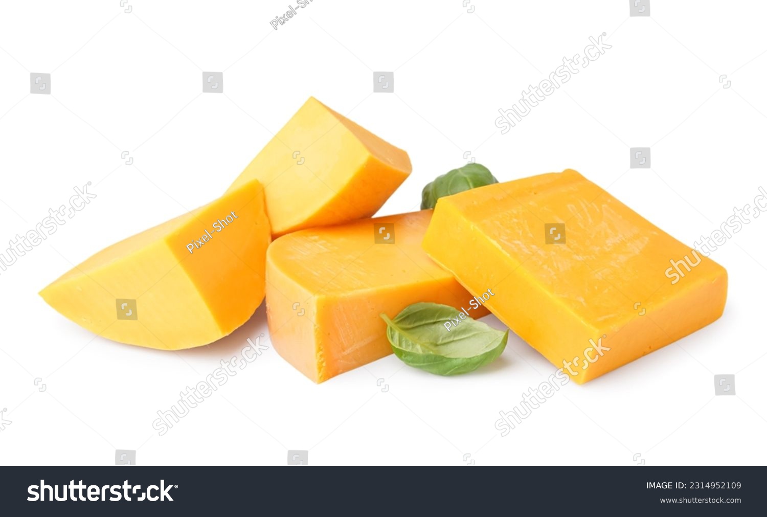 Pieces of tasty cheddar cheese on white background #2314952109