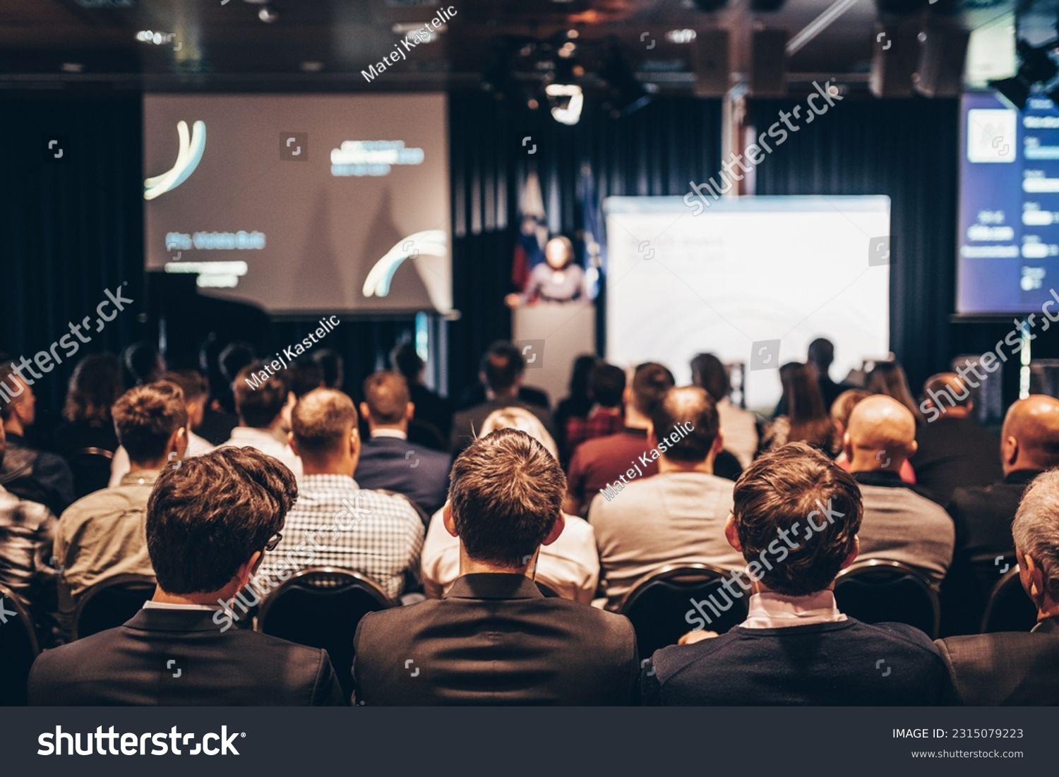 Speaker giving a talk in conference hall at business event. Rear view of unrecognizable people in audience at the conference hall. Business and entrepreneurship concept #2315079223