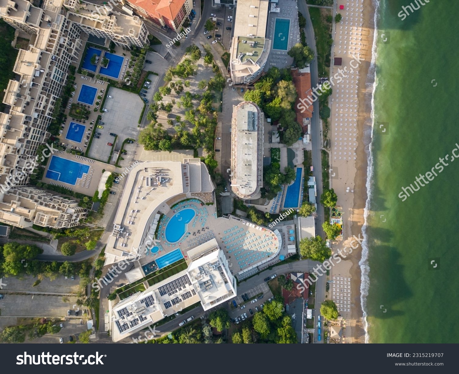 Aerial view of the beach and hotels in Golden Sands, Zlatni Piasaci. Varna, Bulgaria #2315219707