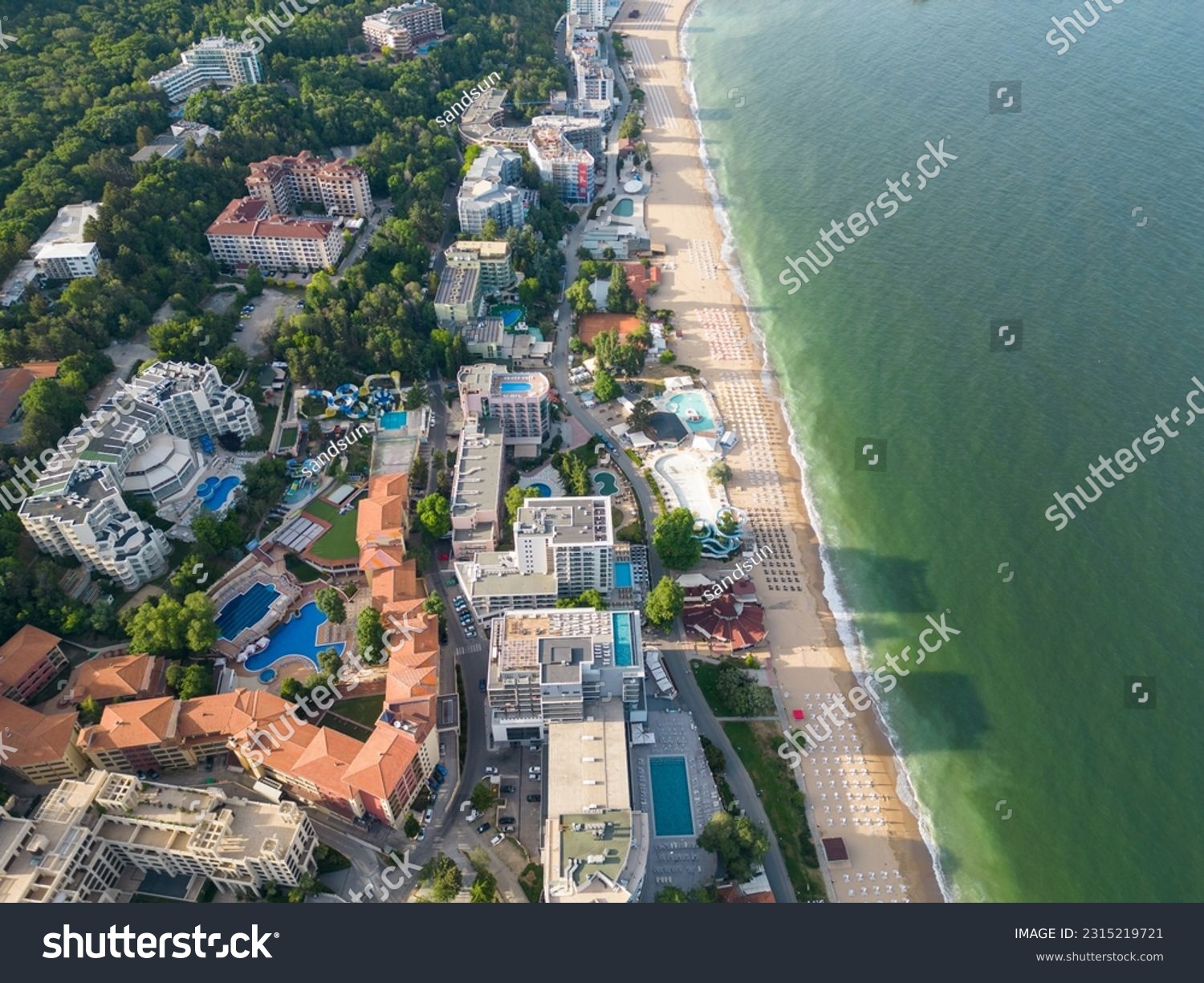 Aerial view of the beach and hotels in Golden Sands, Zlatni Piasaci. Varna, Bulgaria #2315219721
