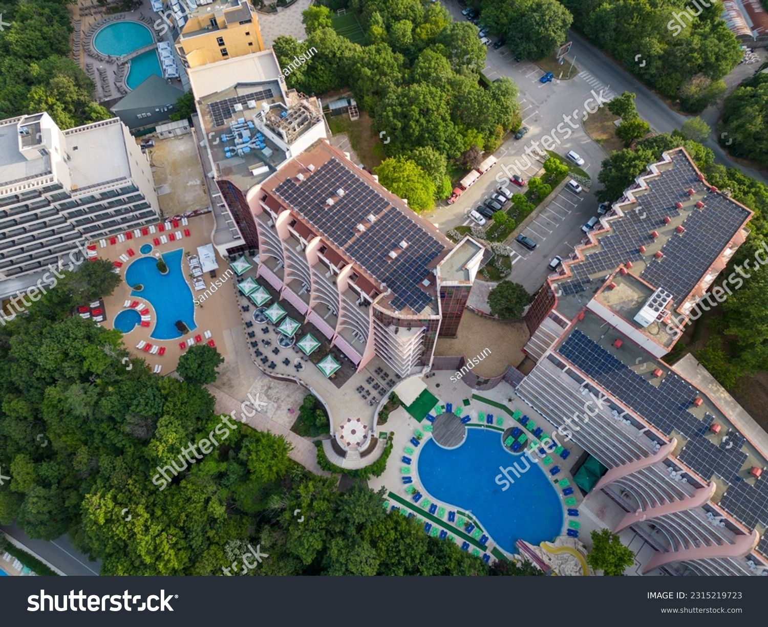 Aerial view of the beach and hotels in Golden Sands, Zlatni Piasaci. Varna, Bulgaria #2315219723