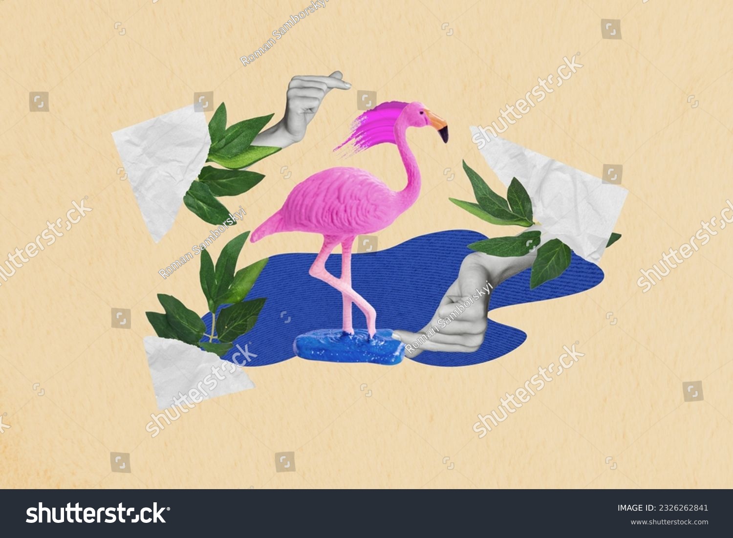Photo collage artwork paradise island beach ocean water wild bird animal exotic environment flamingo isolated on beige color background #2326262841