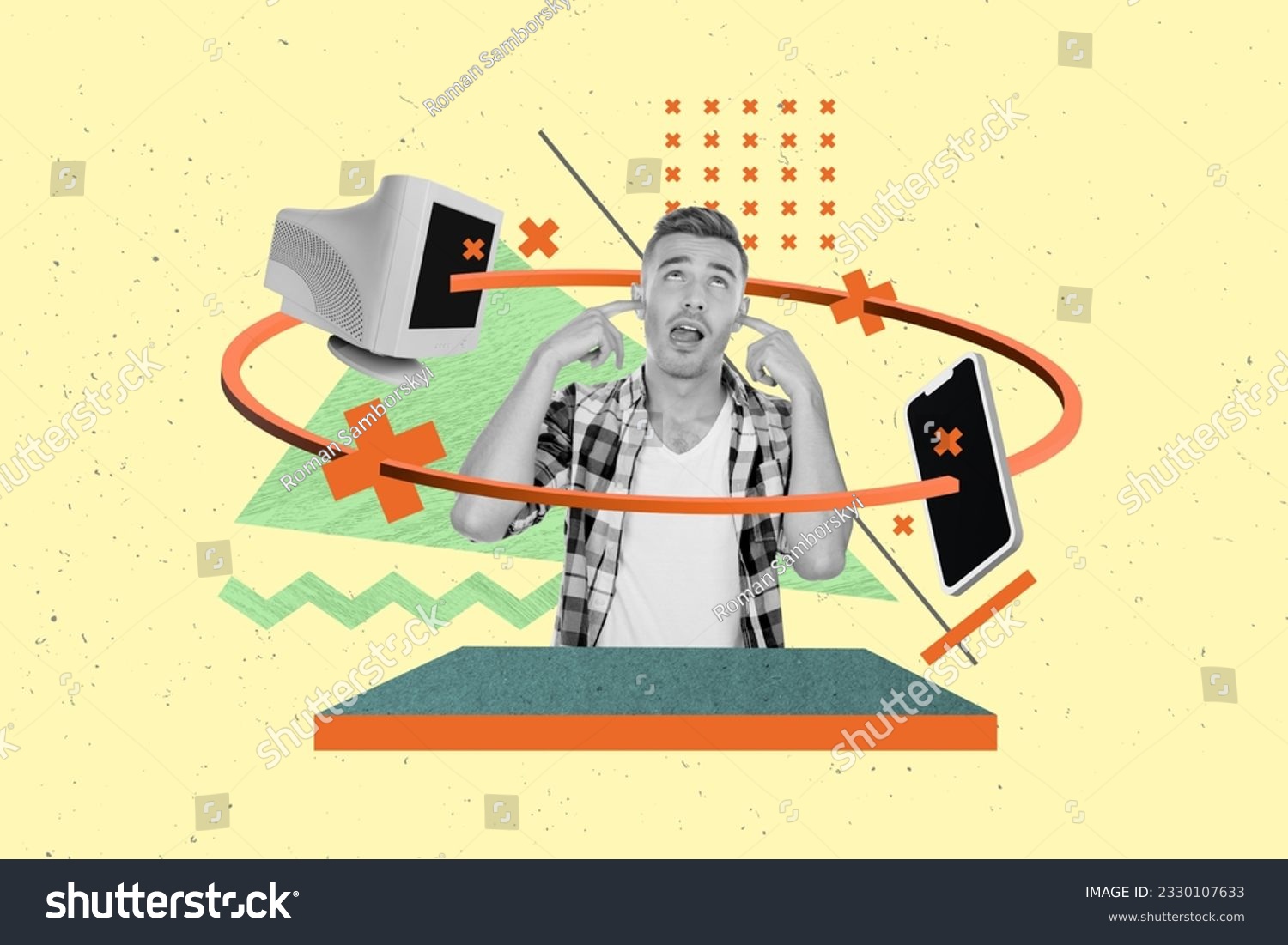 Composite illustration collage of young man ignore fingers ears bla blah stupid computer phone no connection isolated on green background #2330107633