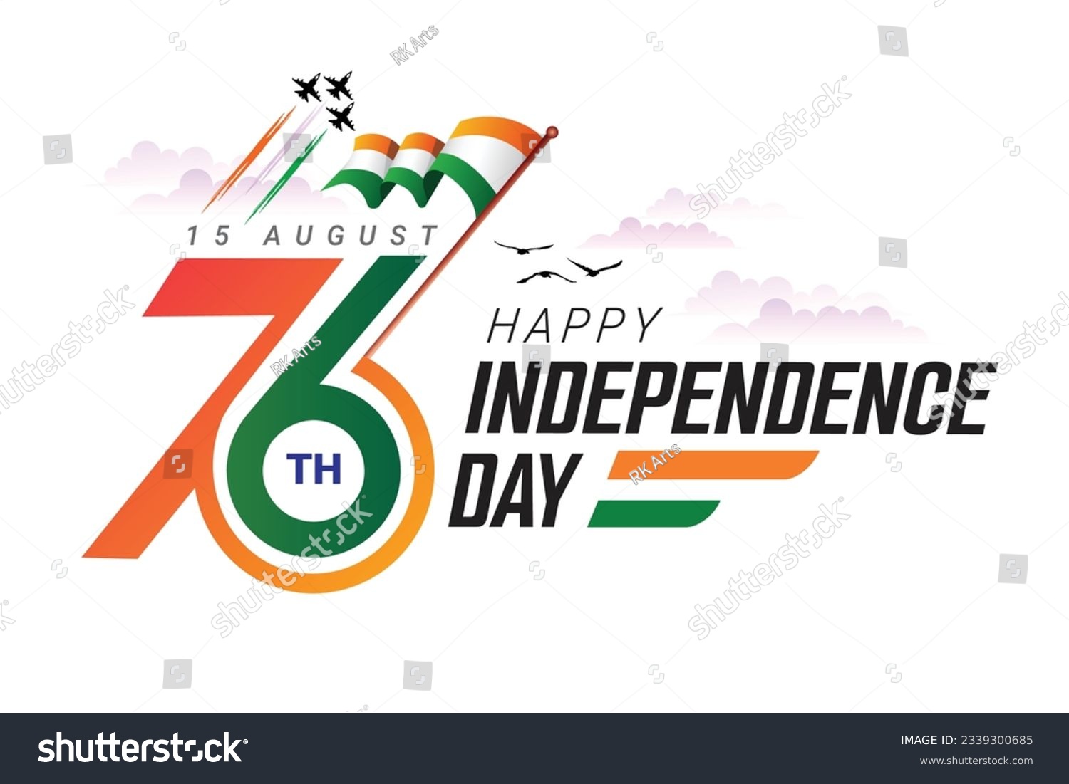76th Seventy six Indian independence day logo with Indian flag and fighter plane #2339300685