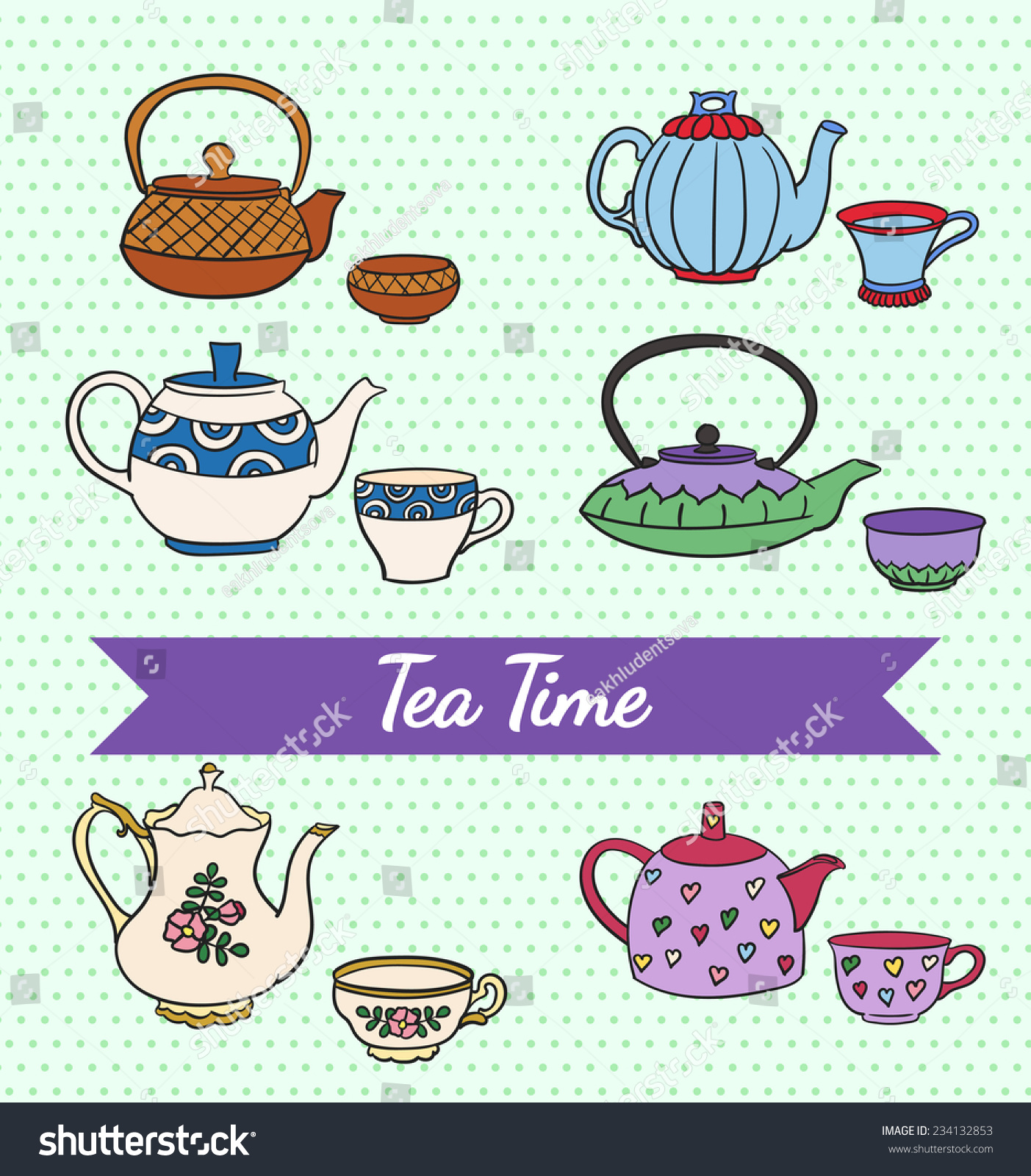 Vector set of cute colorful freehand teapots and cups on retro green polka dot background #234132853