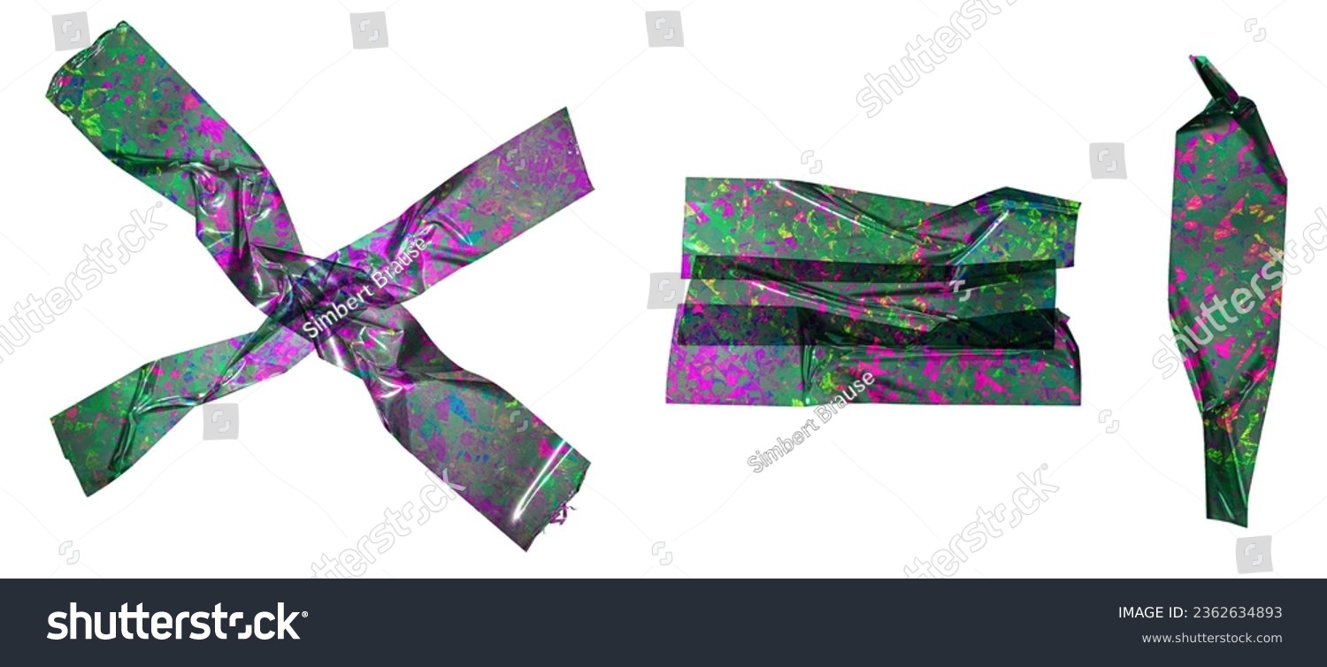 Shiny crumpled stickers. Cool set of metallic holographic sticky tape shapes isolated on white. Holo glitter stripes or snips. #2362634893