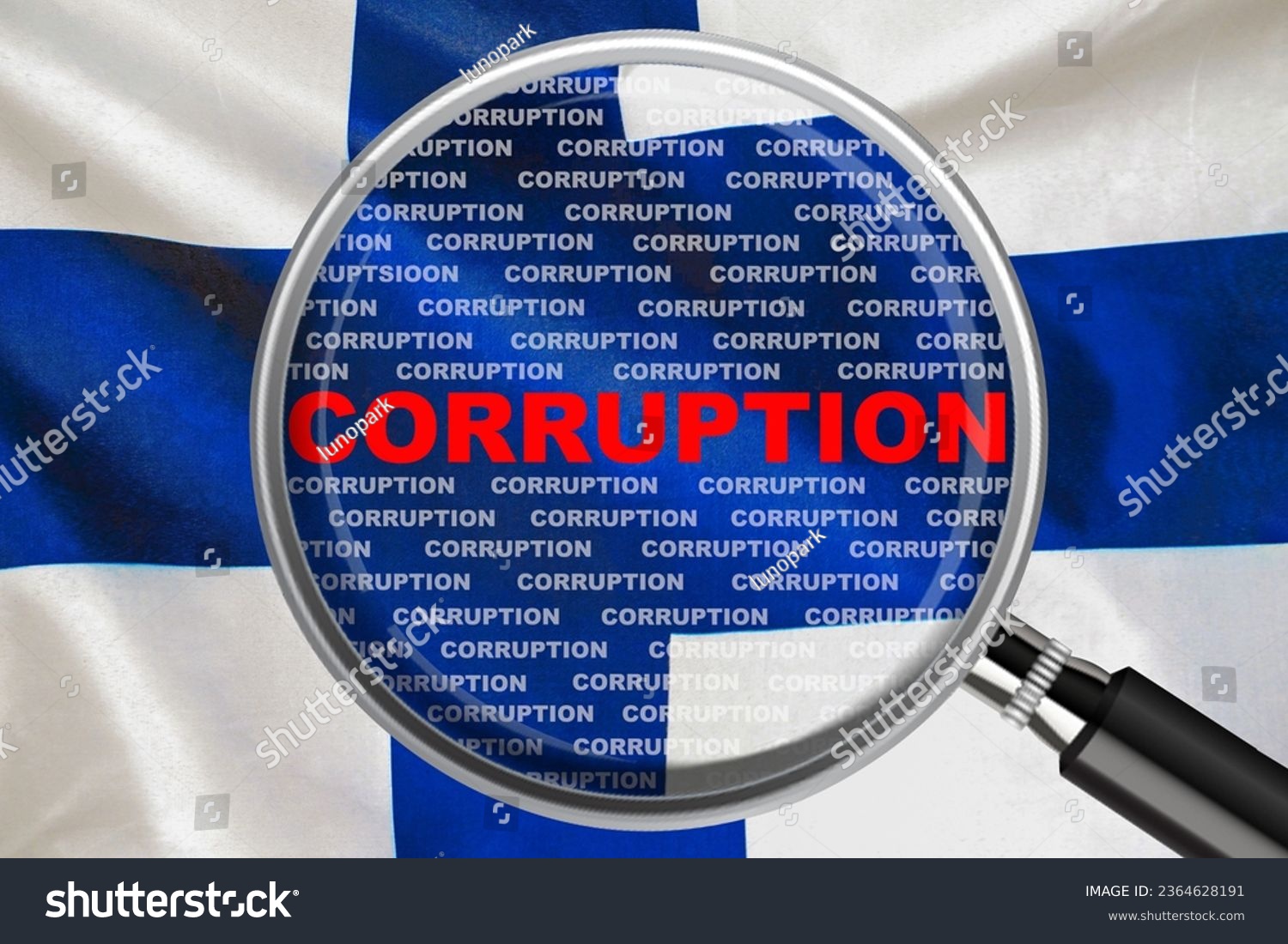 Magnifying glass focused on the word corruption on Finland flag background. Corruption and another financial concept in Finland #2364628191