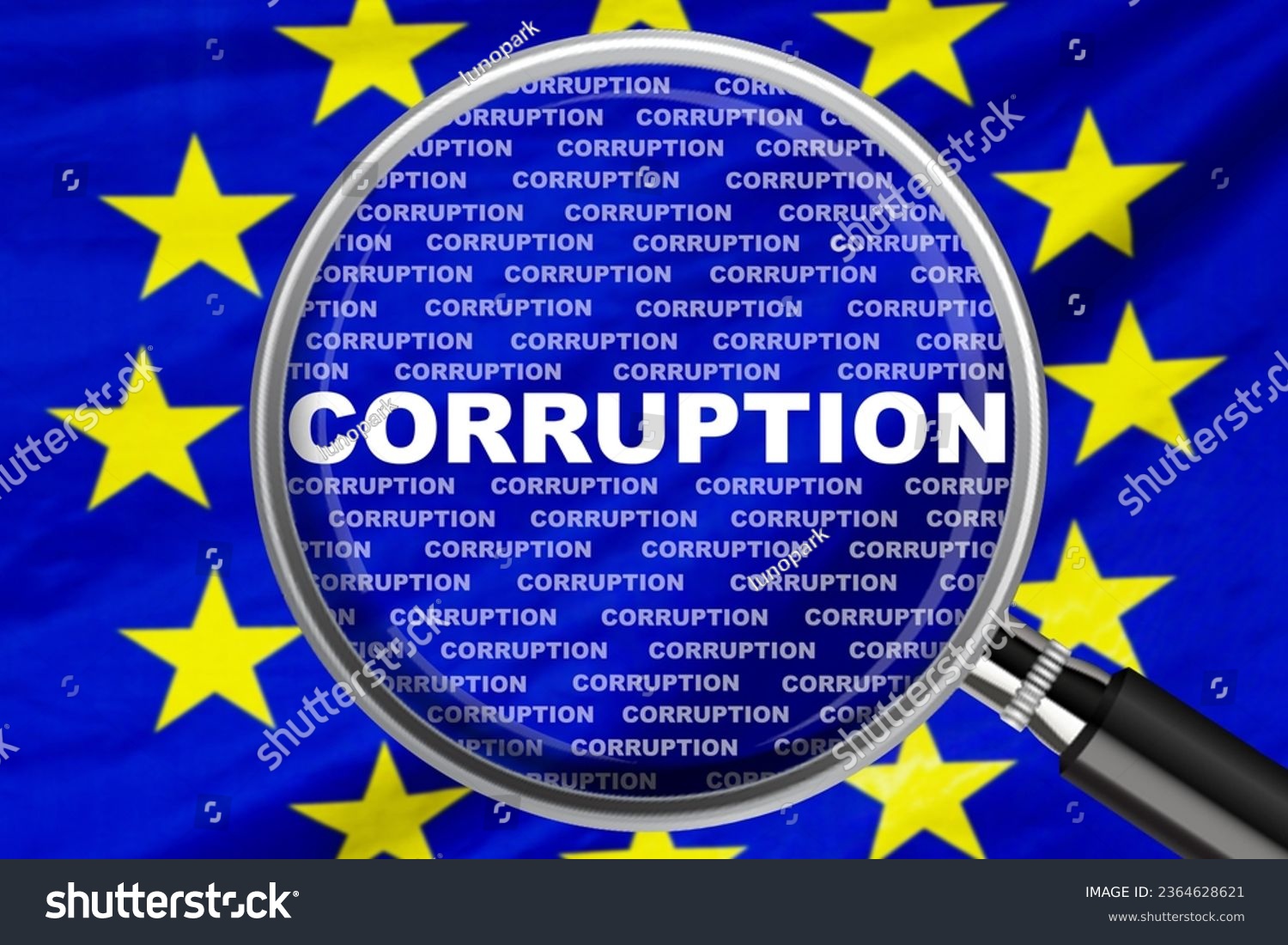 Magnifying glass focused on the word corruption on EU flag background. Corruption and another financial concept in European Union #2364628621