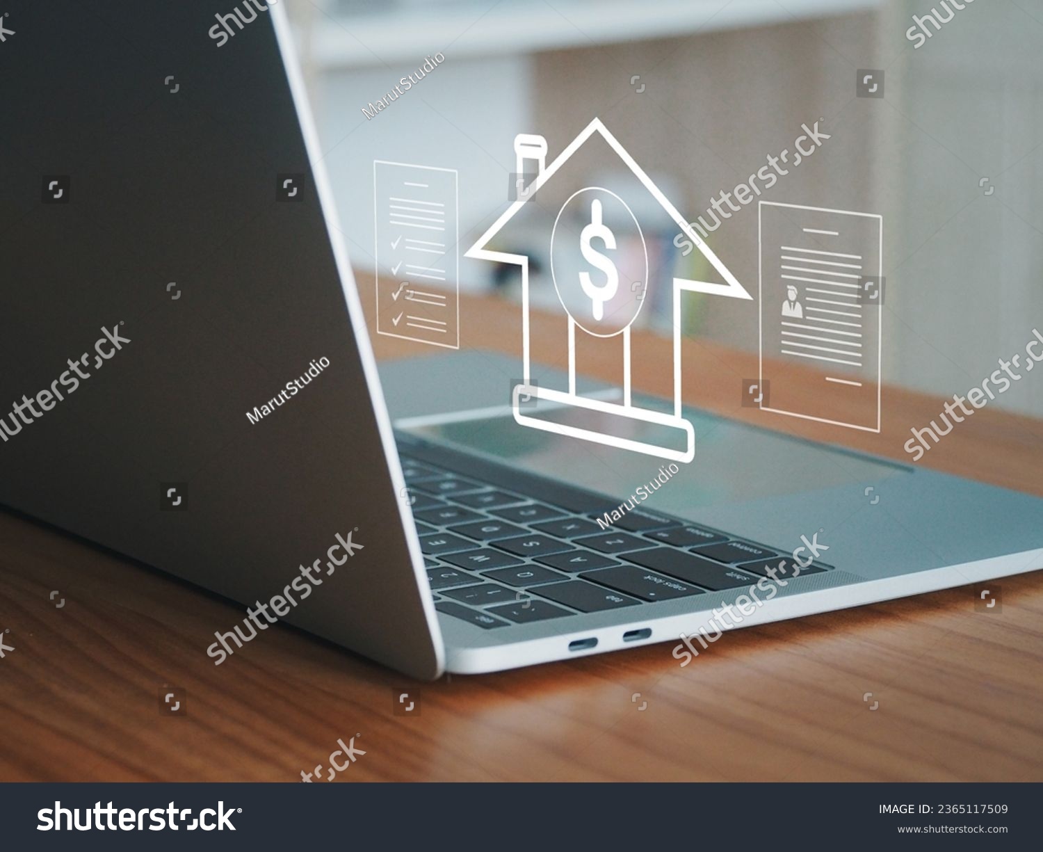 Real estate investment, businessman or online house broker reviewing real estate transaction documents to make a profit in the future on the screen like real digital #2365117509