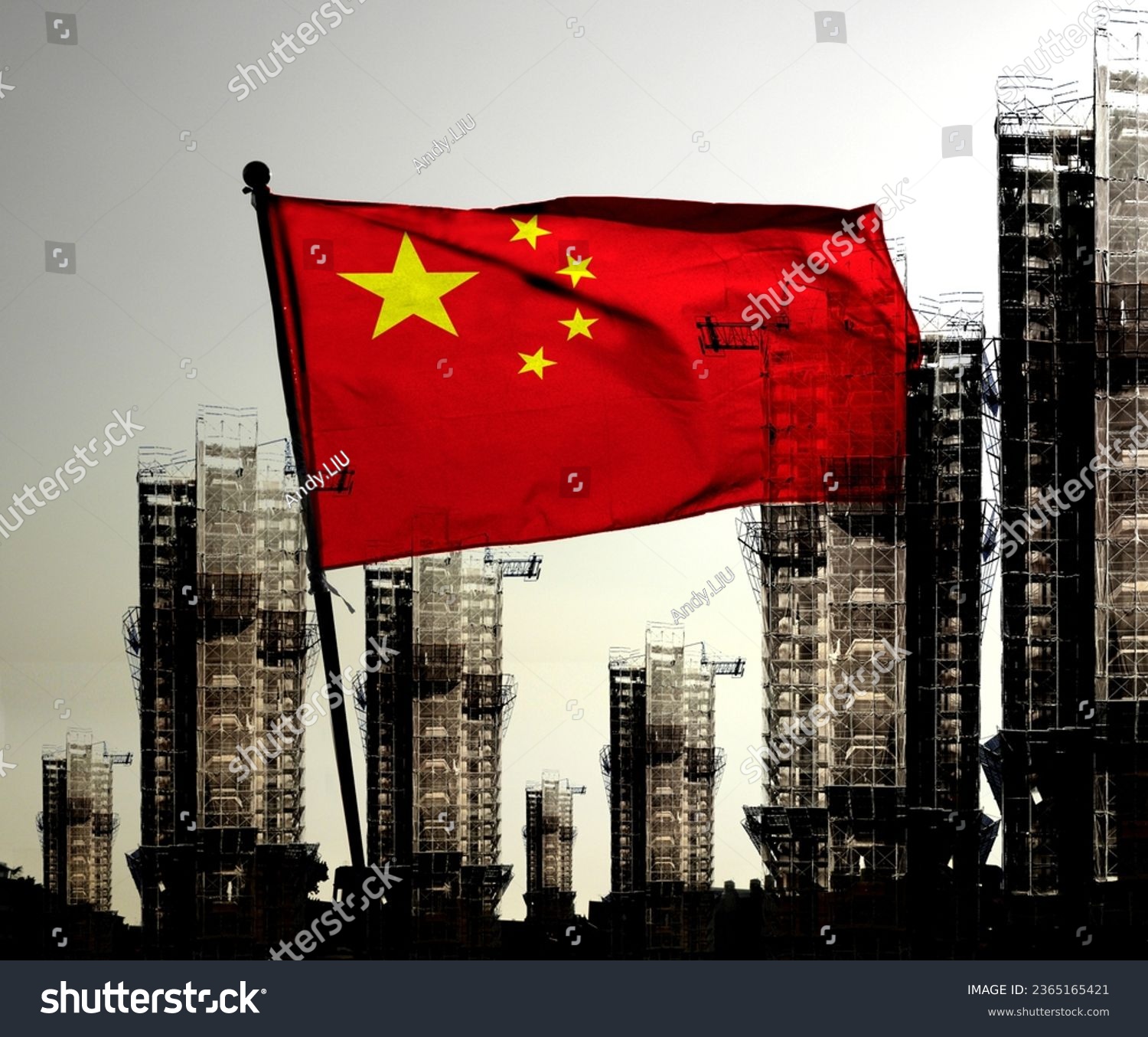 Double exposure creative hologram of unfinished supertall building and Chinese flag. Describe China's real estate collapse, bubble, financial turmoil, and China's Lehman storm      #2365165421