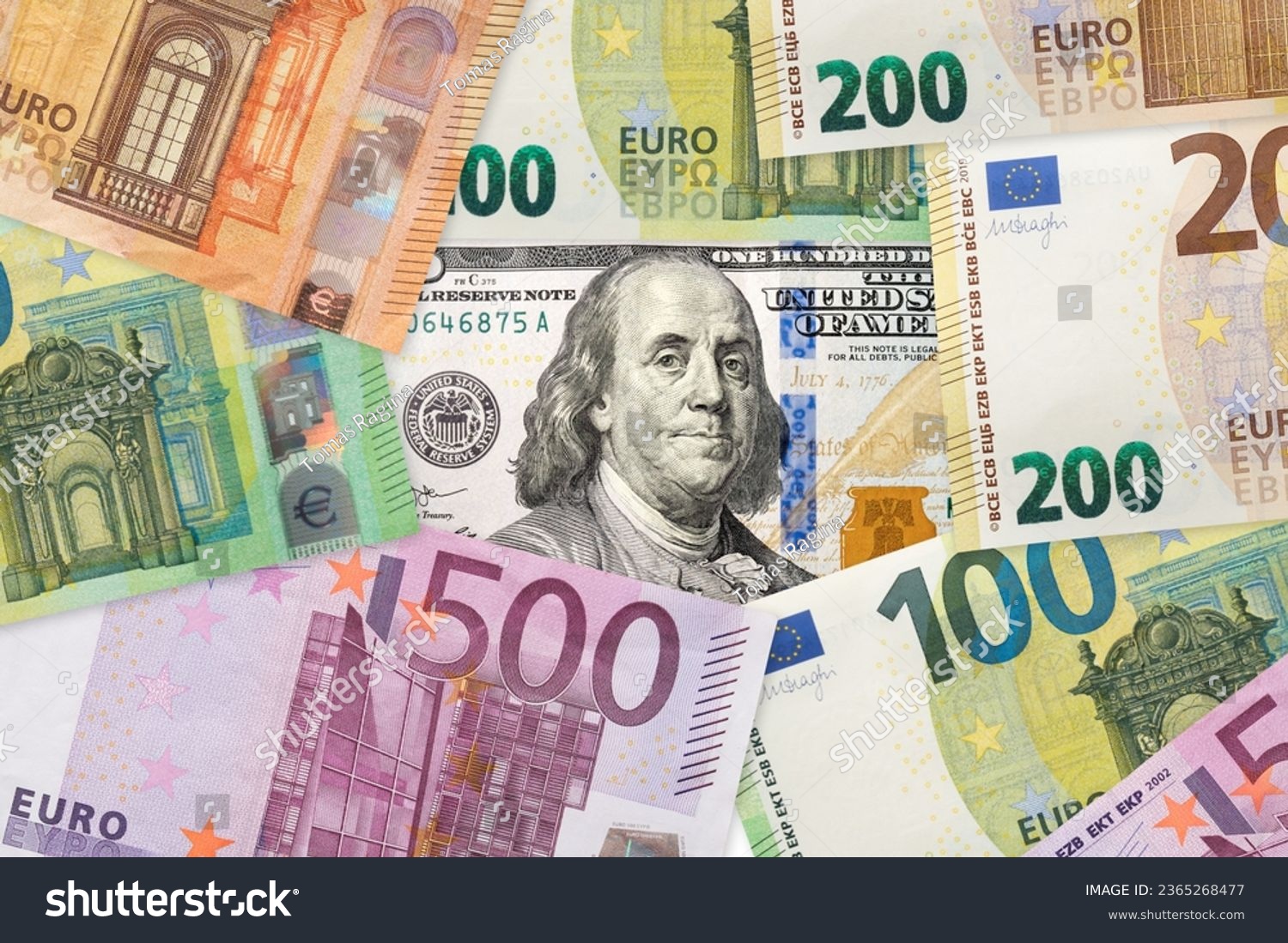 100 dollar and Euros banknotes. EU and USA trade. Euro and dollar rate.  #2365268477