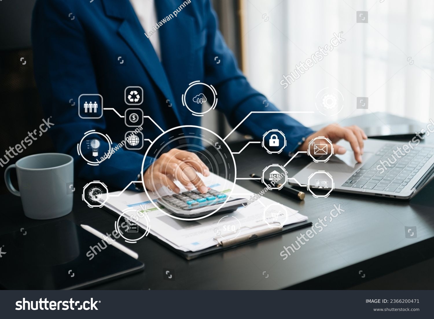 Woman accountant use Laptop and calculator to calculate the company's financial with icon banking on data network of finance and banking with business growth in office #2366200471