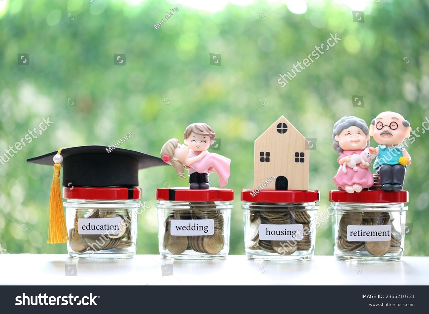 Coins money in the glass bottle on natural green background, Save money for prepare in future and pension retirement concept #2366210731
