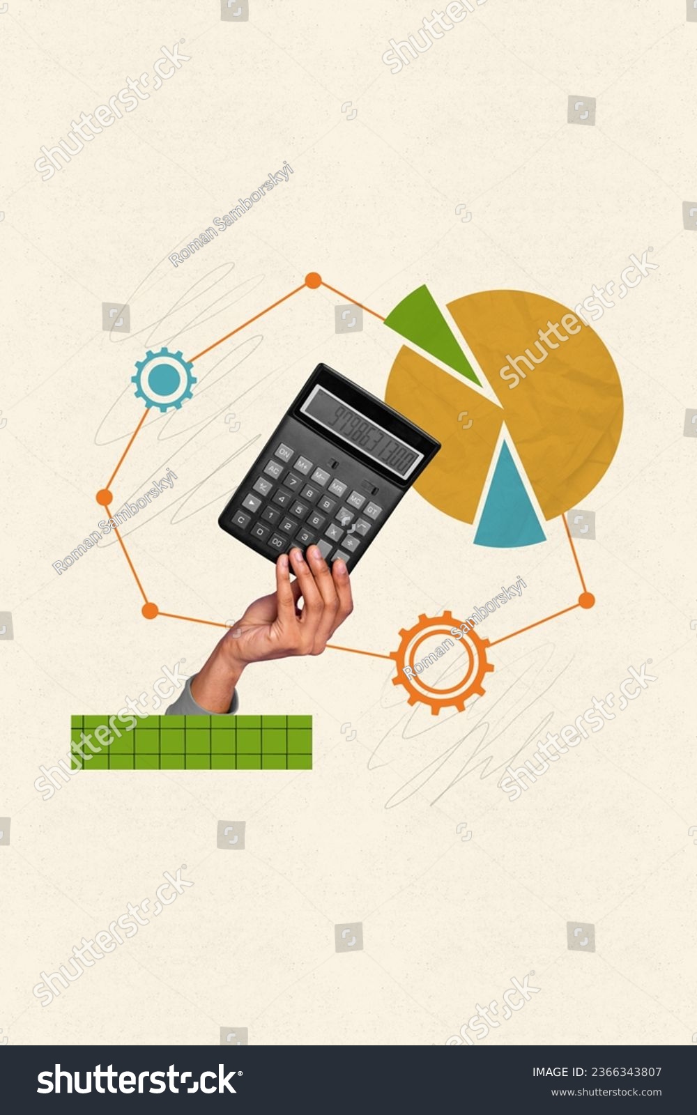 Vertical creative composite illustration photo collage of hand hold calculator counting big numbers isolated on painted background #2366343807