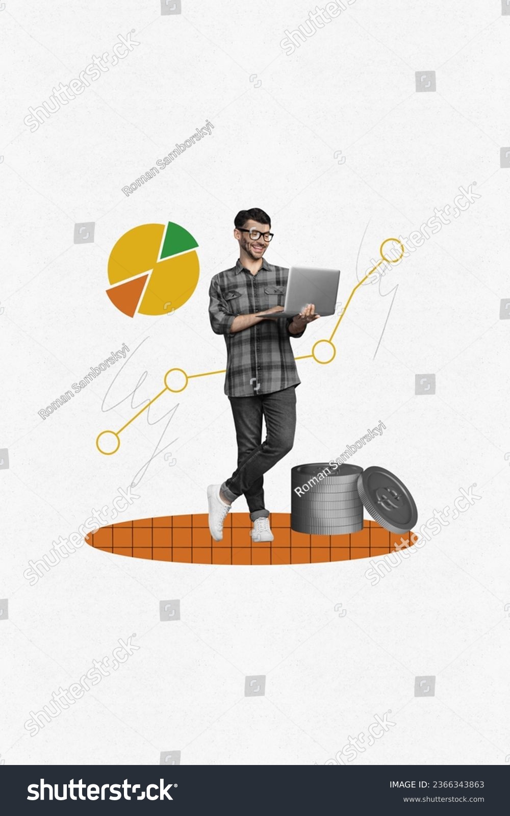 Collage vertical template artwork young business maker create startups more money graphic up analyzing laptop isolated on grey background #2366343863