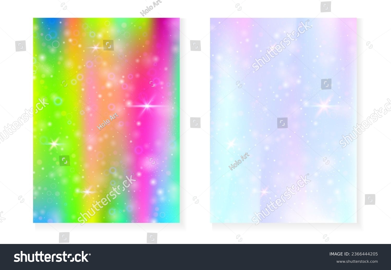 Kawaii background with rainbow princess gradient. Magic unicorn hologram. Holographic fairy set. Stylish fantasy cover. Kawaii background with sparkles and stars for cute girl party invitation. #2366444205