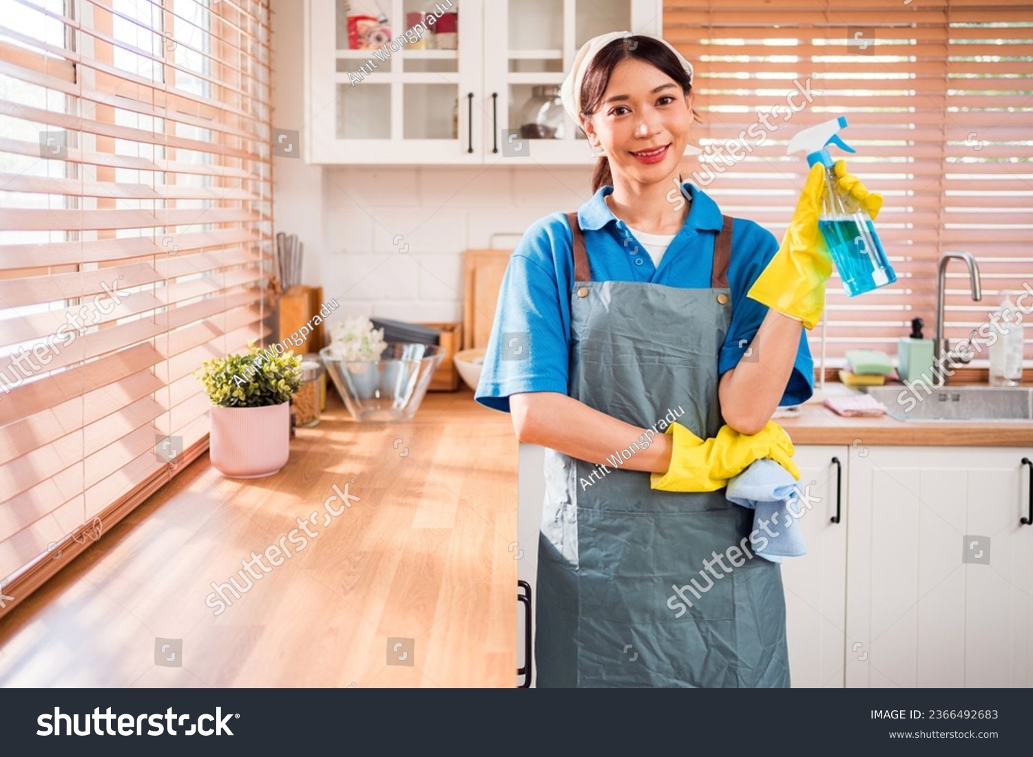 Portrait of a young Asian cleaning service woman worker working in house. Girls housekeeper cleaner, holding foggy spray with liquid detergent, rag with a smile, looking at camera after finish chore. #2366492683