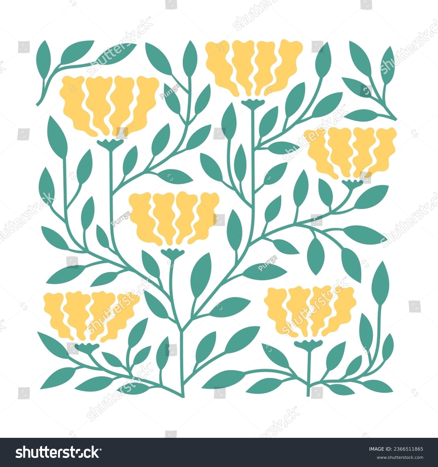 Cute modern vector pattern with yellow abstract flowers, foliage. Natural plant ornament wall art, card. #2366511865