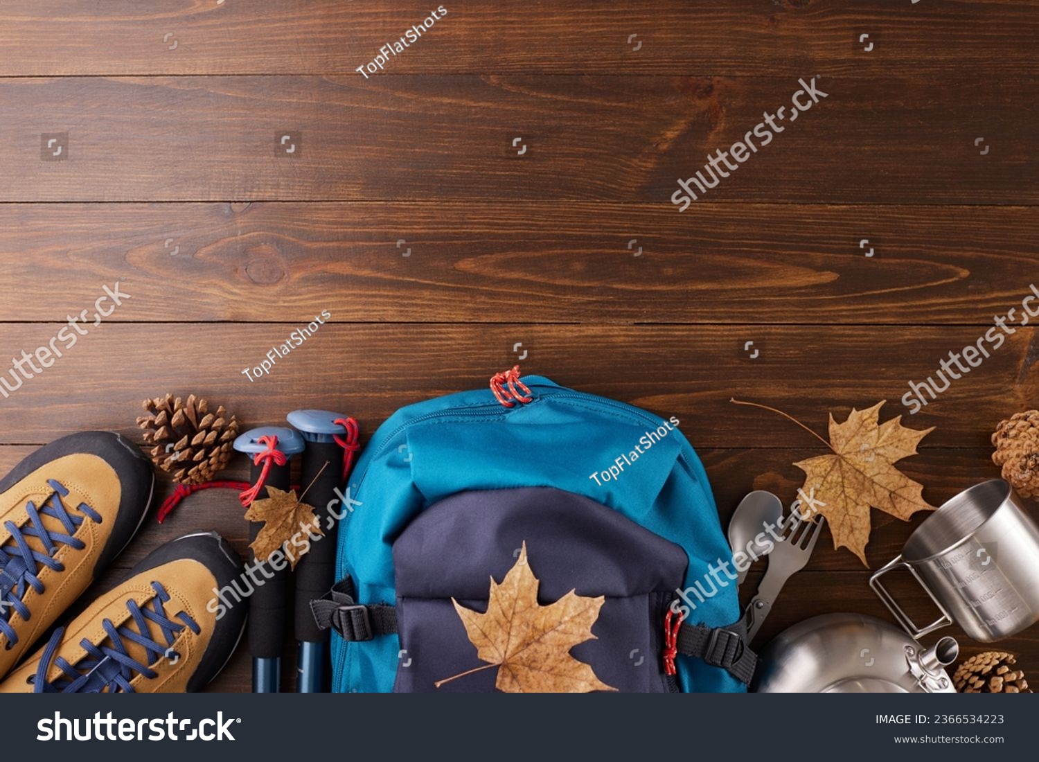 Embracing autumn's charm through hiking. Top view photo of metal utensils, trekking boots, hiking backpack, trekking sticks, cones, fallen leaves on wooden background with promo spot #2366534223