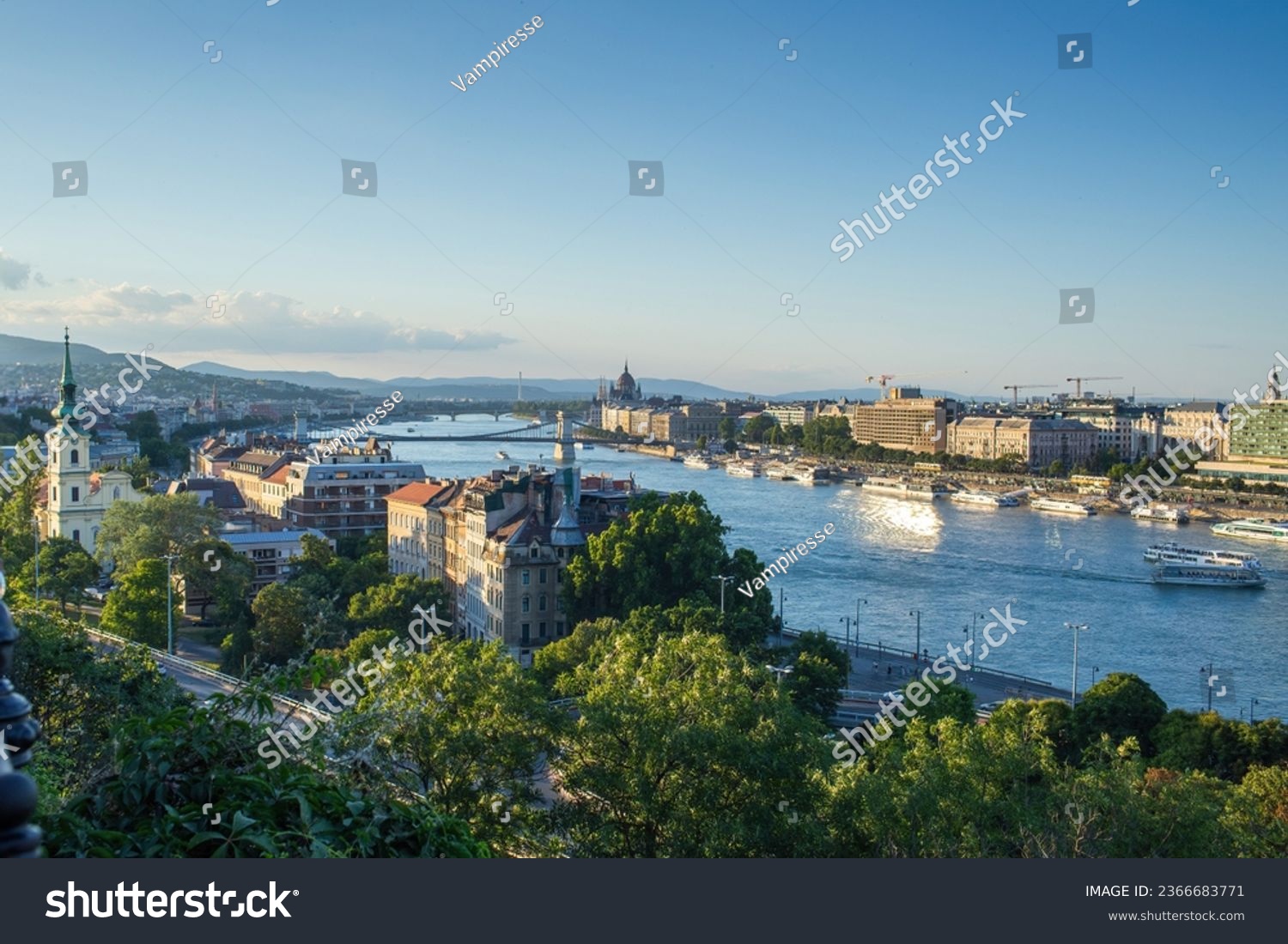 View of Budapest from Gellert hill on summer evening. High quality photo. #2366683771