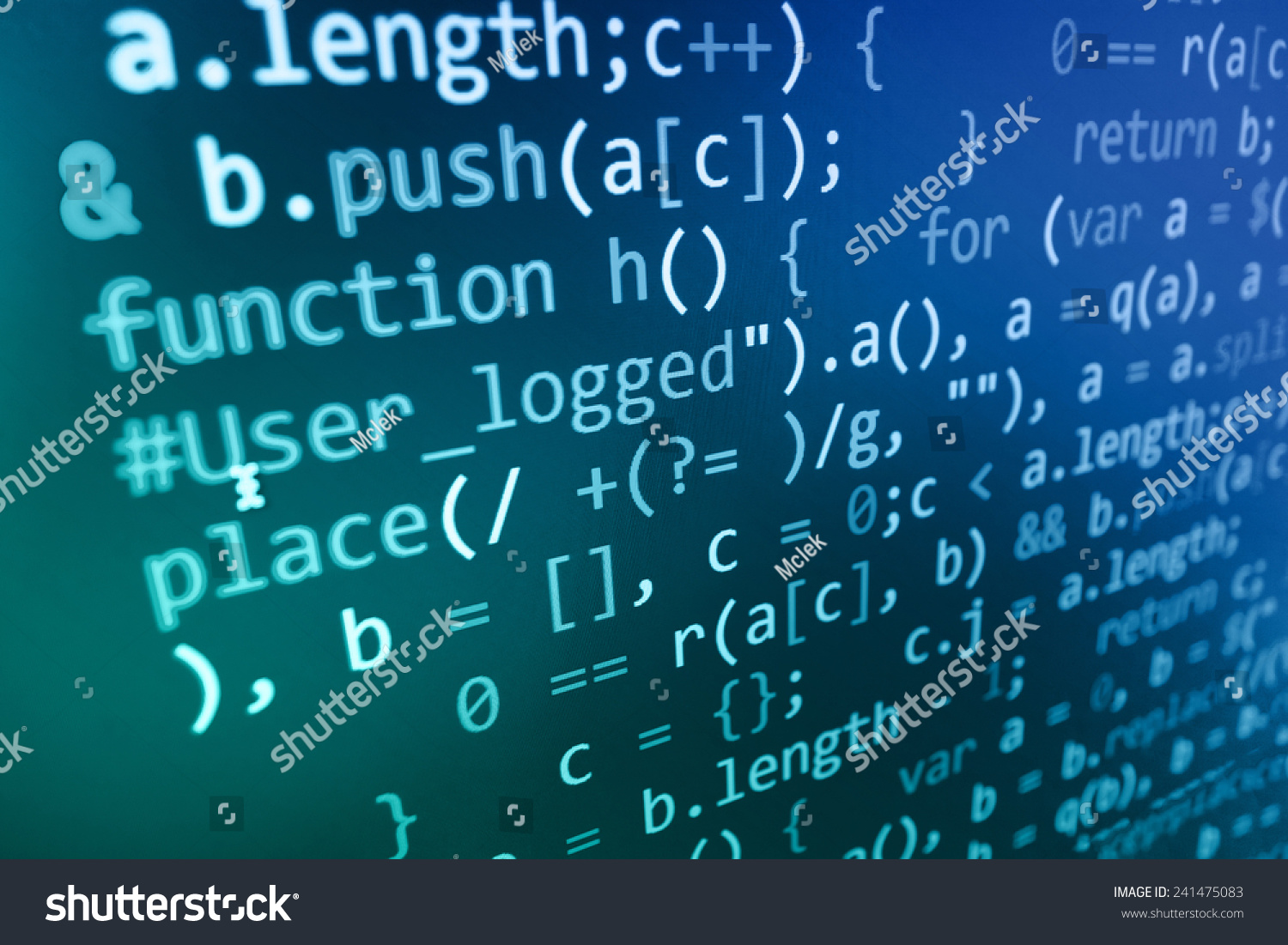 Computer script. Programming code abstract screen of software developer. Digital abstract bits data stream, cyber pattern digital background. Selective focus effect. Blue green  color.  #241475083