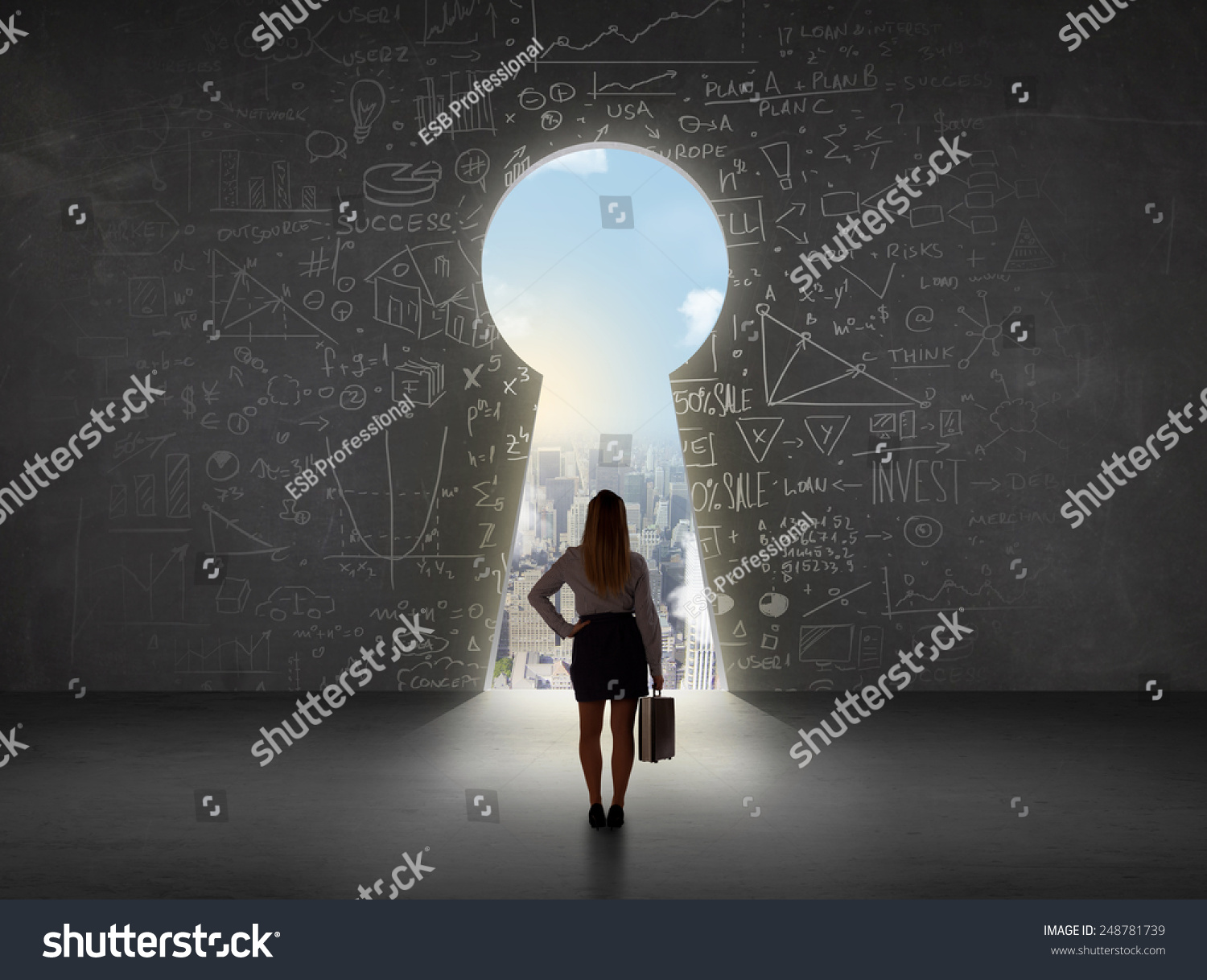 Business woman looking at keyhole with bright cityscape concept background #248781739