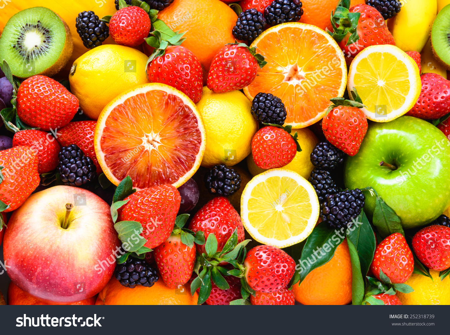 Fresh fruits background. Juicy fruits variety natural nutrition. #252318739