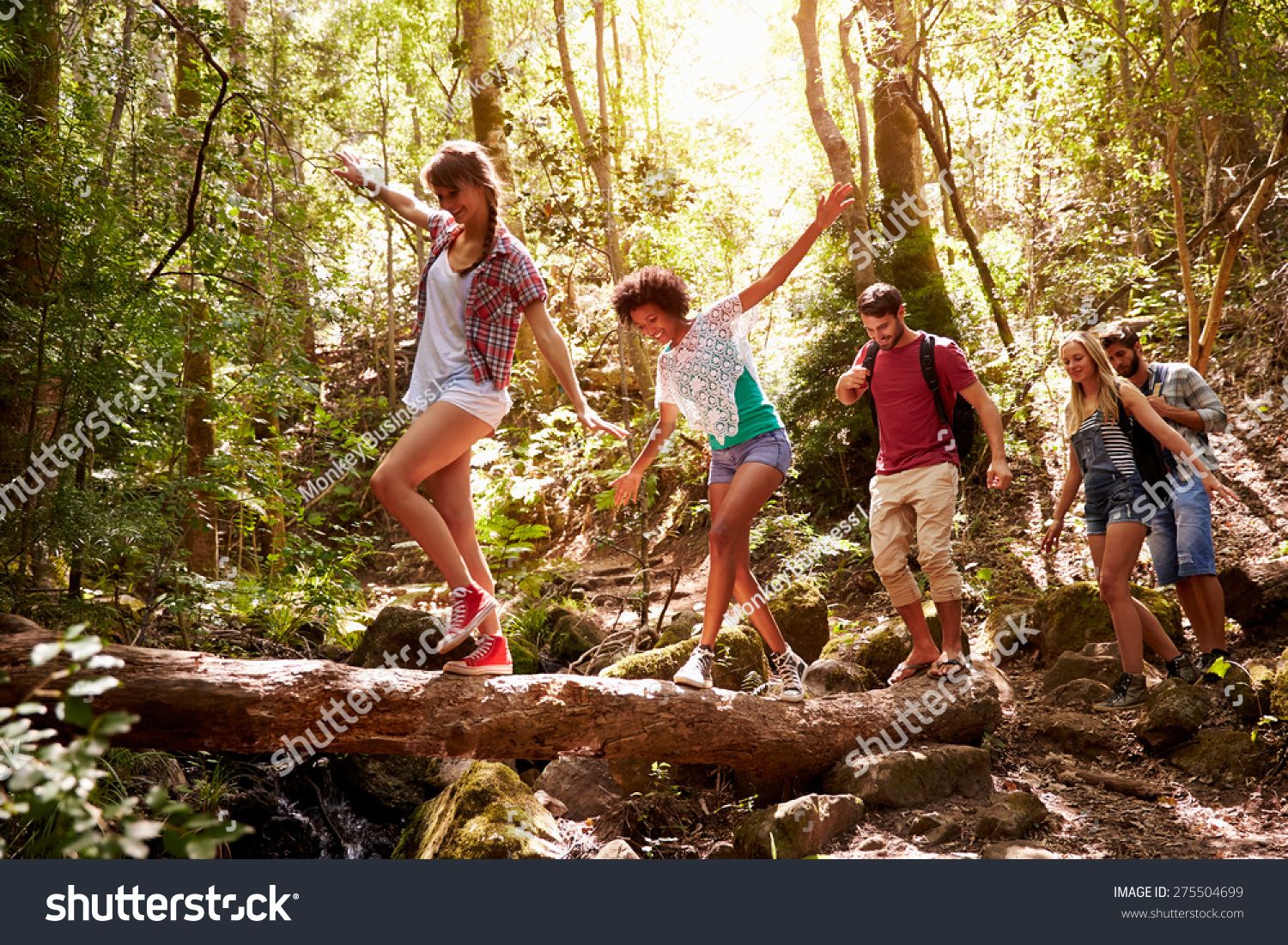 Group Of Friends On Walk Balancing On Tree Trunk In Forest #275504699