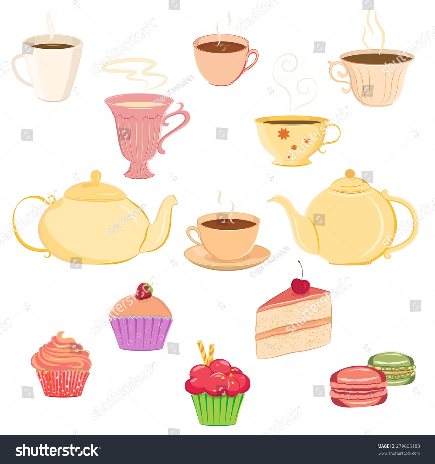 Vector collection of hand drawn teacups, teapots and sweets. Unique and elegant set for website, digital scrapbook and cafe or restaurant design. Separate elements could be used as icons #279605183