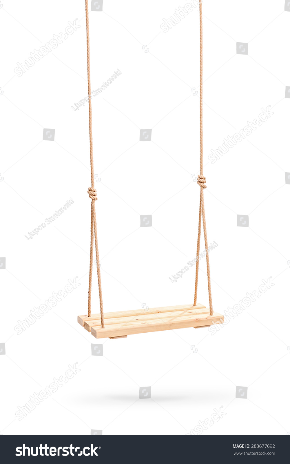 Vertical studio shot of a wooden swing hanging on a couple of ropes isolated on white background #283677692