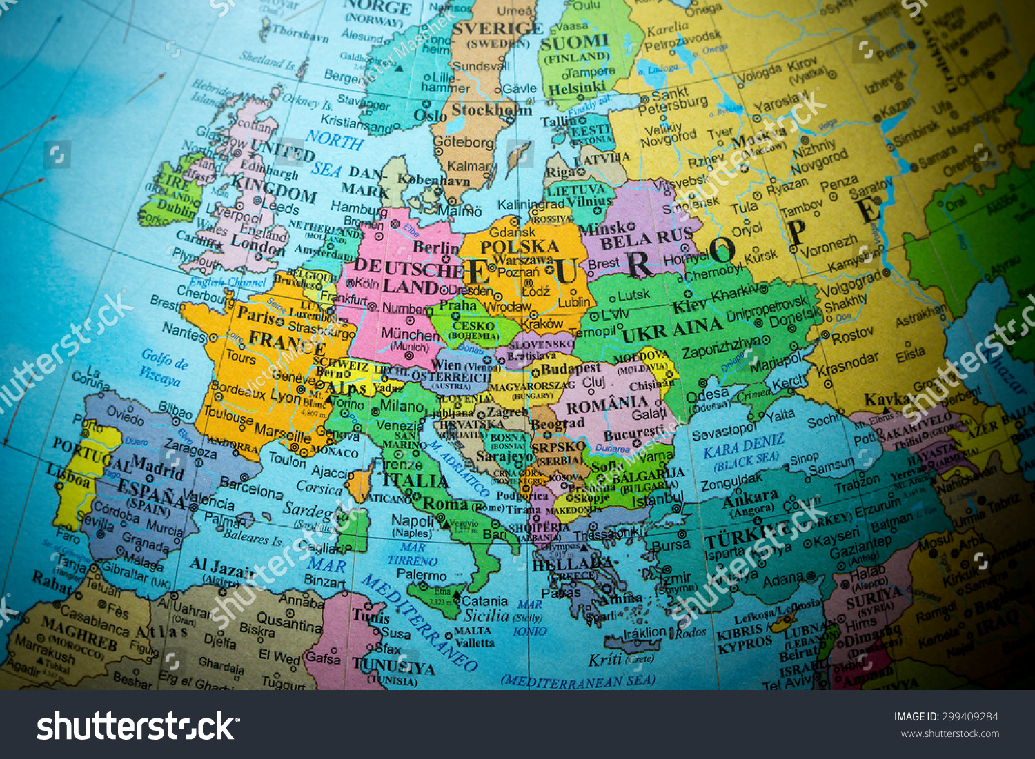 Map view of Europe on a geographical globe (vignette). #299409284