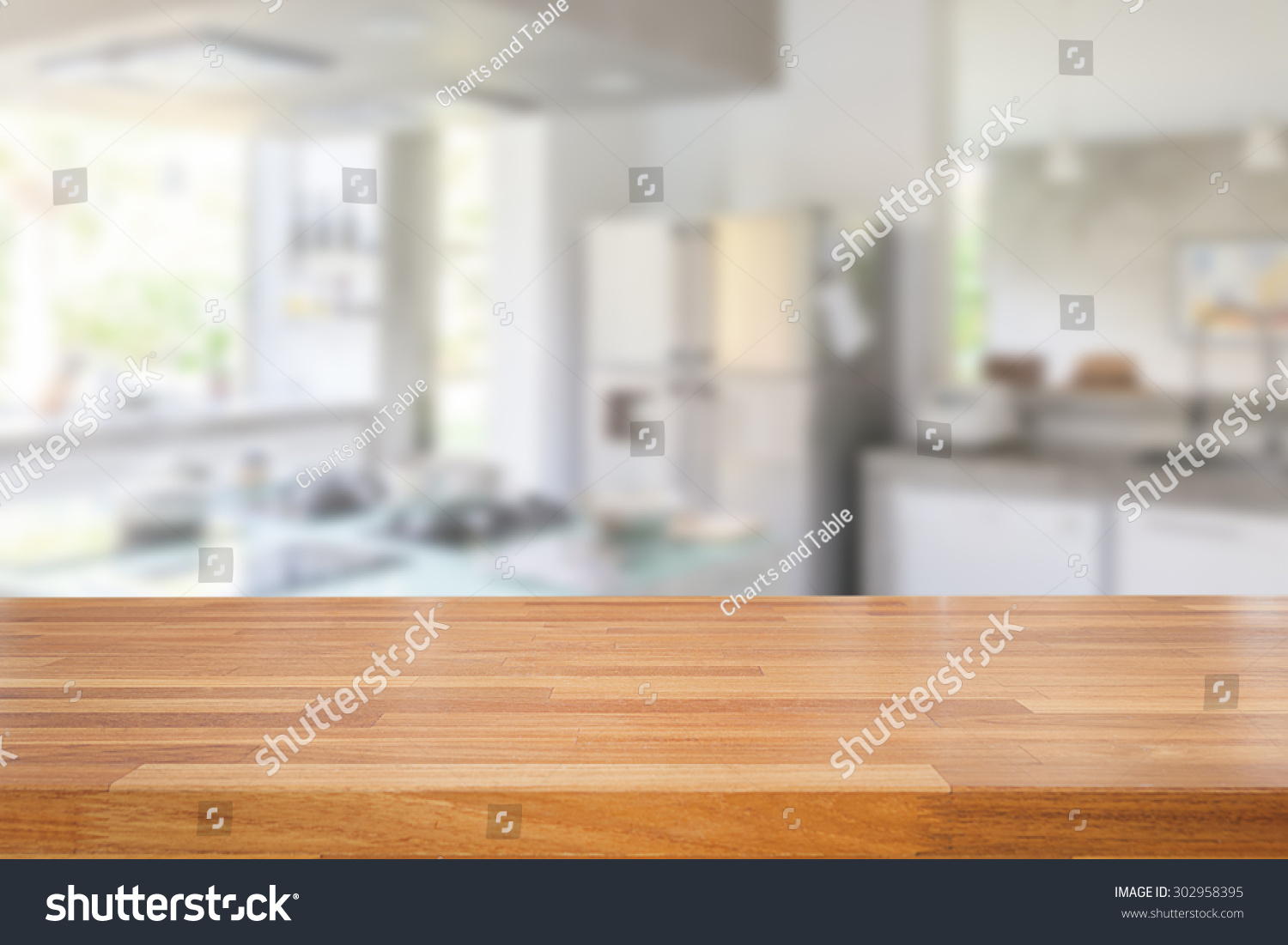 Empty wooden table and blurred kitchen background, product  montage display  #302958395