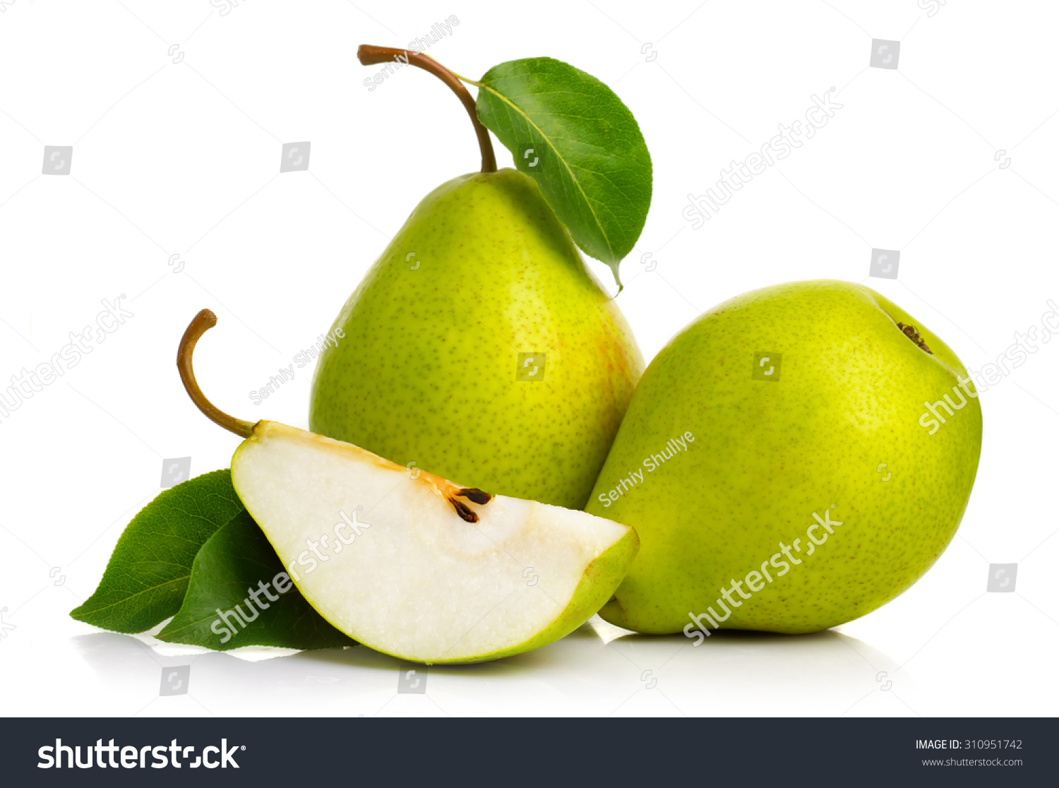 Ripe green pears isolated with leaves isolated on white #310951742