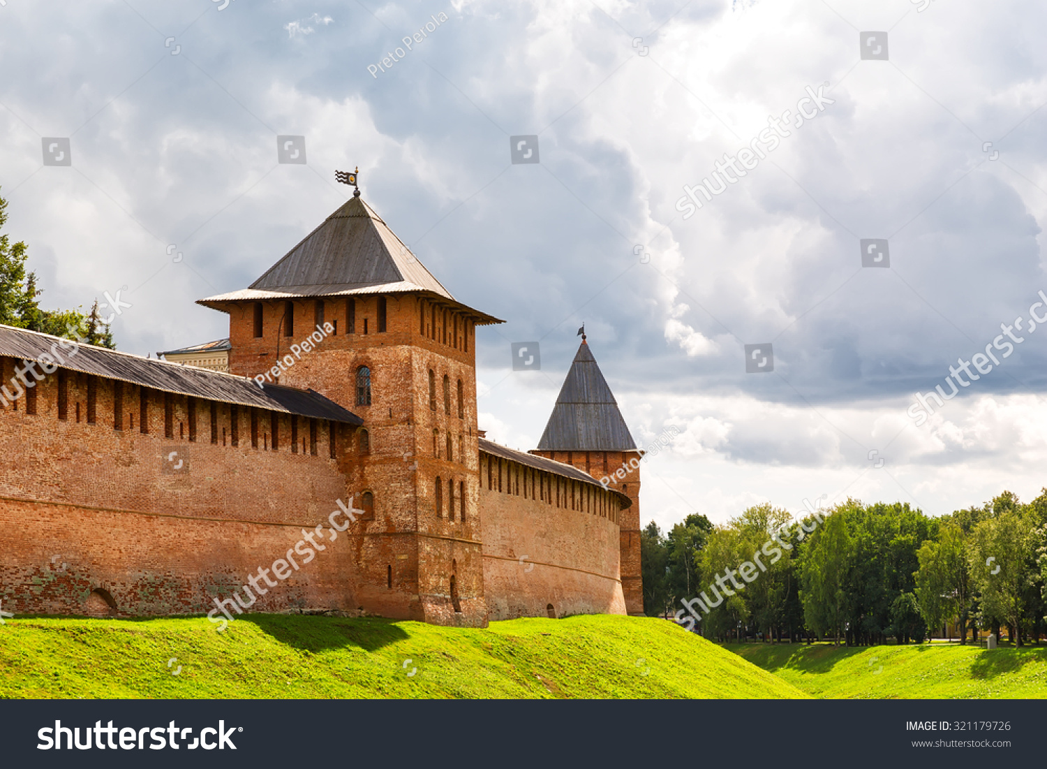Old towers of Novgorod Kremlin, Veliky Novgorod, Russia #321179726