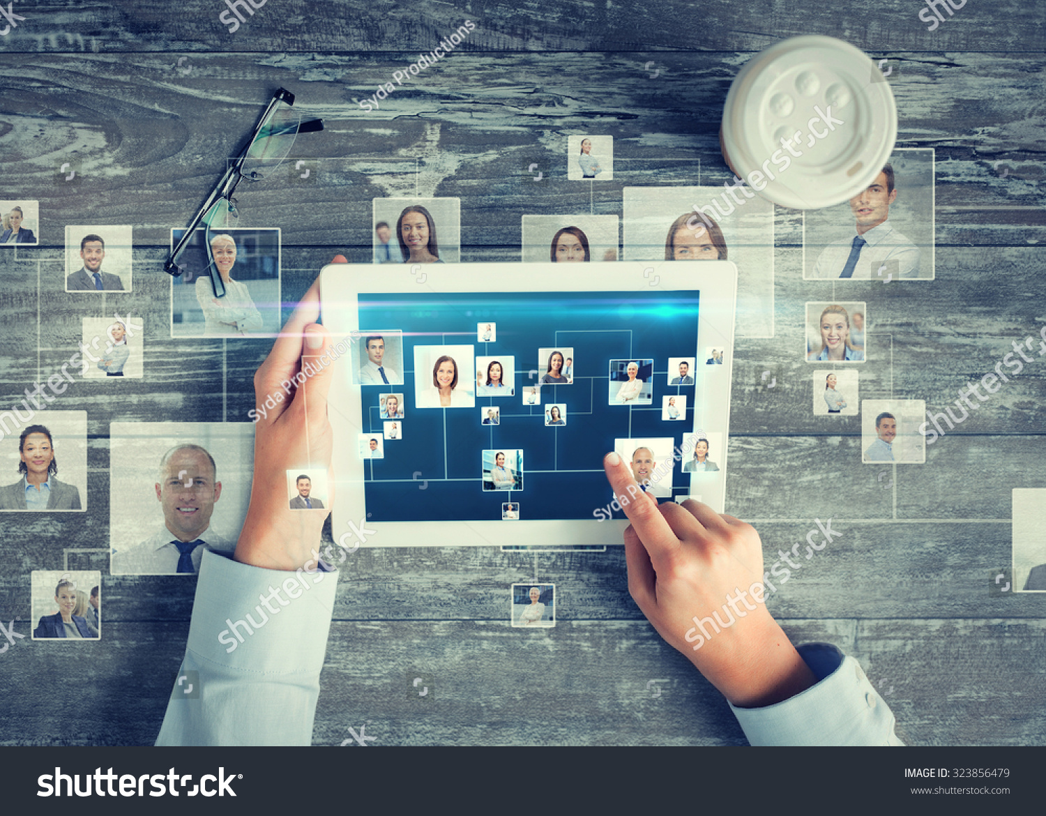 business, people, international communication, headhunting and technology concept - close up of hands pointing finger to tablet pc computer screen with world map and internet contacts network on table #323856479