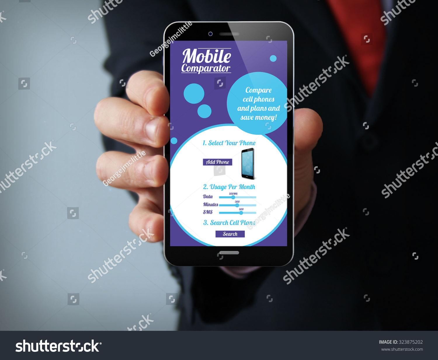 new technologies business concept: businessman hand holding a 3d generated touch phone with online mobile comparator on the screen. Screen graphics are made up. #323875202