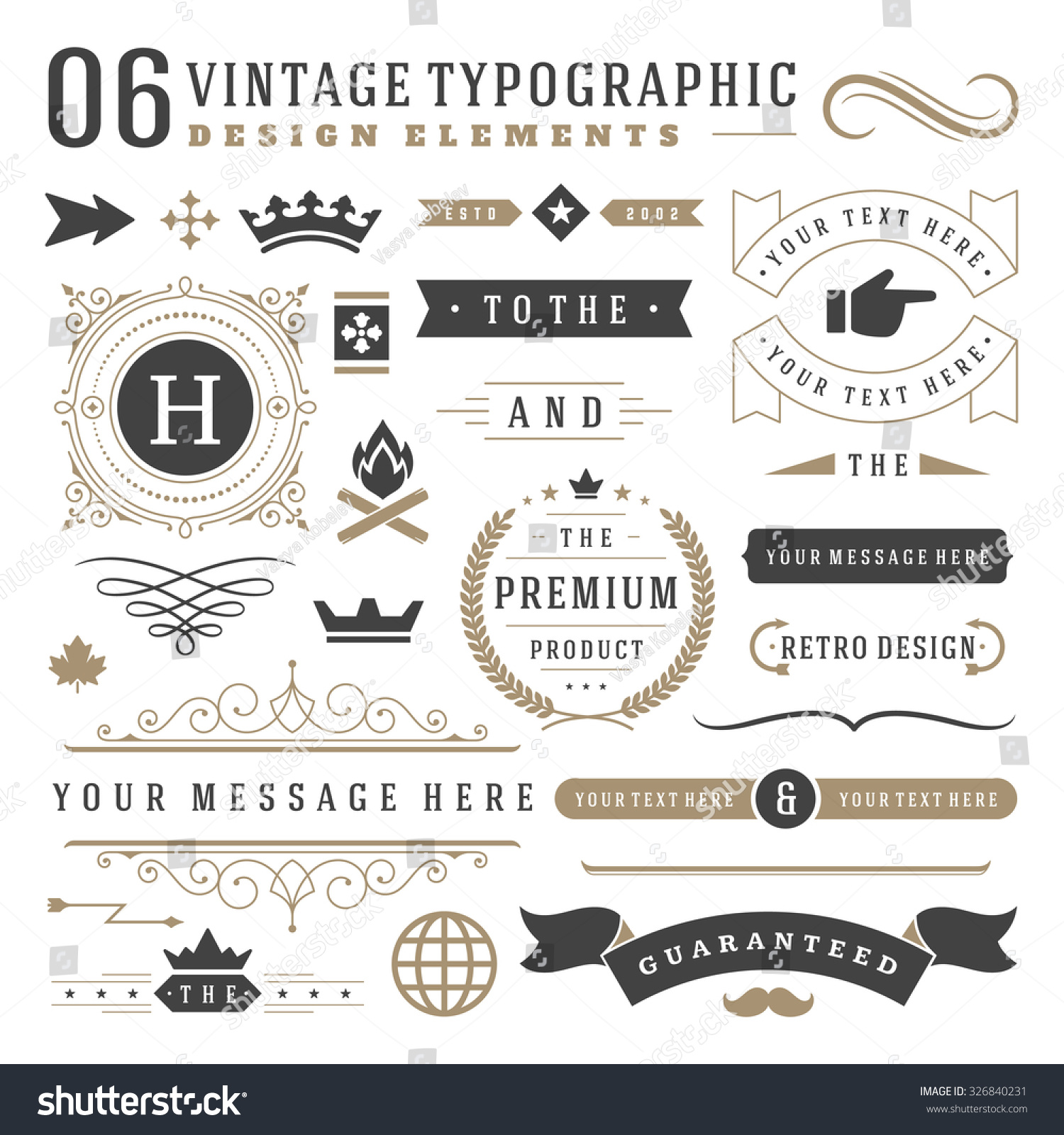 Retro vintage typographic design elements. Arrows, labels, ribbons, logos symbols, crowns, calligraphy swirls, ornaments and other. #326840231