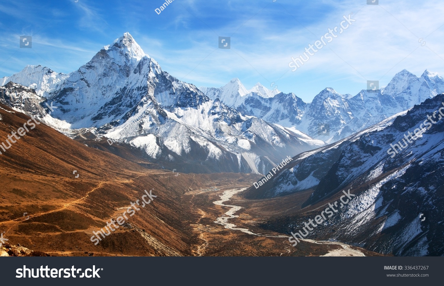 Panoramic beautiful view of mount Ama Dablam with beautiful sky on the way to Everest base camp, Khumbu valley, Sagarmatha national park, Everest area, Nepal #336437267