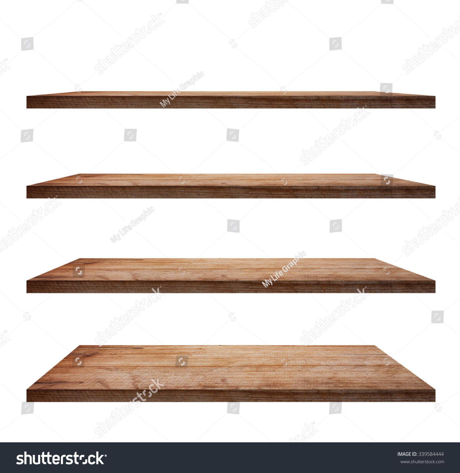 collection of wooden shelves on an isolated white background, Objects with Clipping Paths for design work #339584444