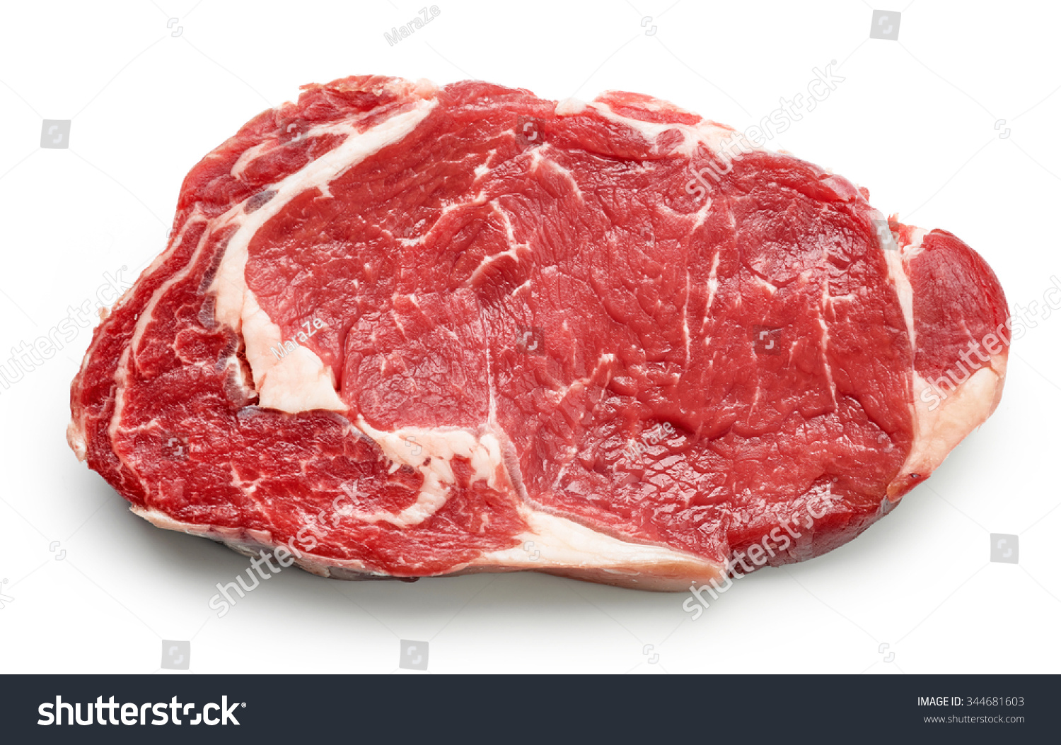 fresh raw beef steak isolated on white background, top view #344681603